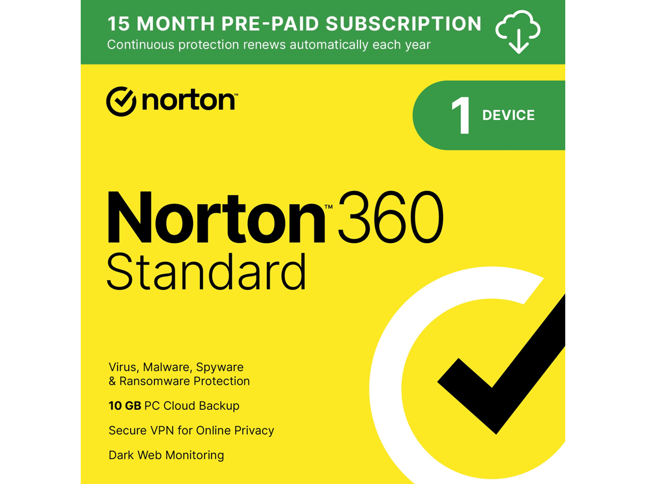 Norton 360 Standard for 1 Device, 15 Month Subscription with Auto Renewal - NEWEGG EXCLUSIVE, Download