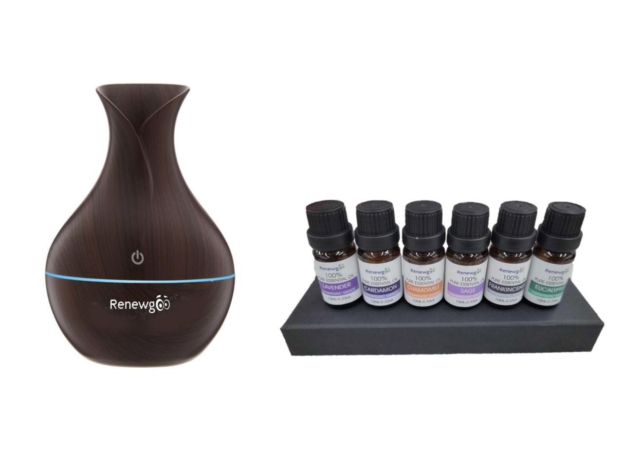 Renewgoo Ultimate Aromatherapy Bundle: Color-Changing Vase Aroma Diffuser Humidifier and Mist Maker with 6-Piece Essential Oils Set, Therapeutic Calm and Relaxation, Dark Brown