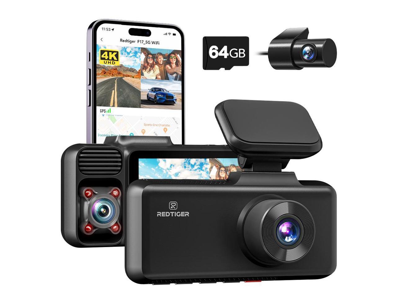 REDTIGER 4K 3 Channel Dash Cam, 5G WiFi Front and Rear Inside, Free 64GB SD Card, Triple Car Camera Built-in GPS, 4K+1080P+1080P 3 inch IPS Screen, IR Night Vision, WDR, G-Sensor, Parking Mode (F17)